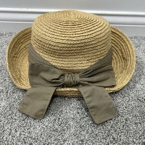 Kate Lord Women's Straw Hat Turned‎ Up Brim With Tan Cloth Ribbon Size S/M EUC